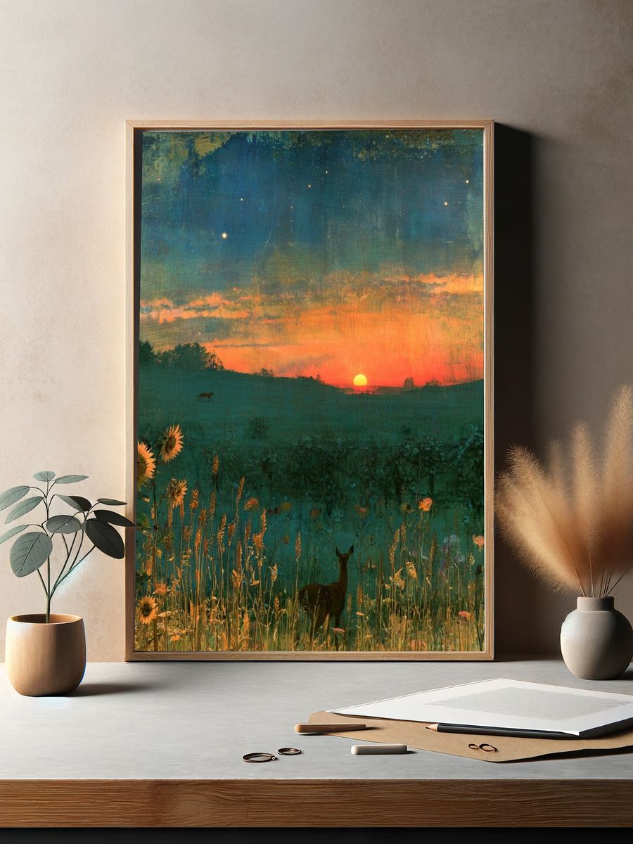 Sunset Meadow Deer Print. — room view 2