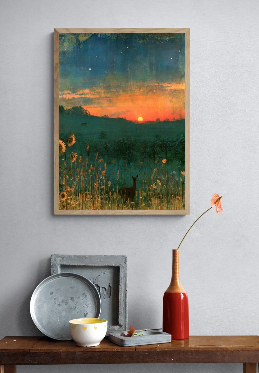 Sunset Meadow Deer Print. — room view 3