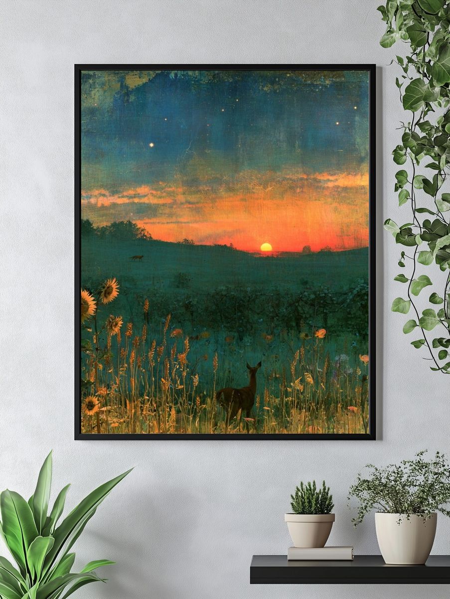 Sunset Meadow Deer Print. — room view 4