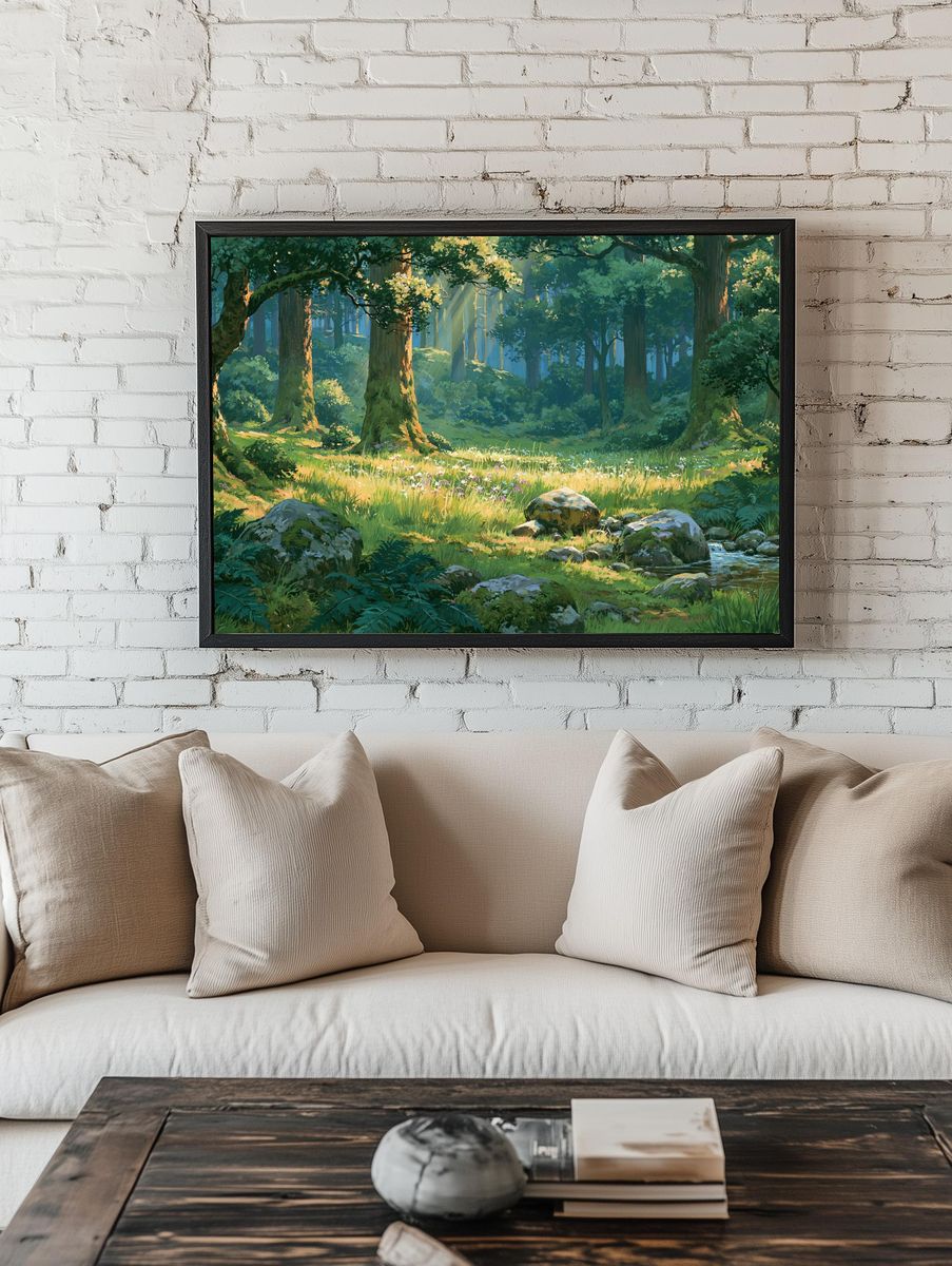 Sunlit Forest Glade Illustration Poster. — room view 1