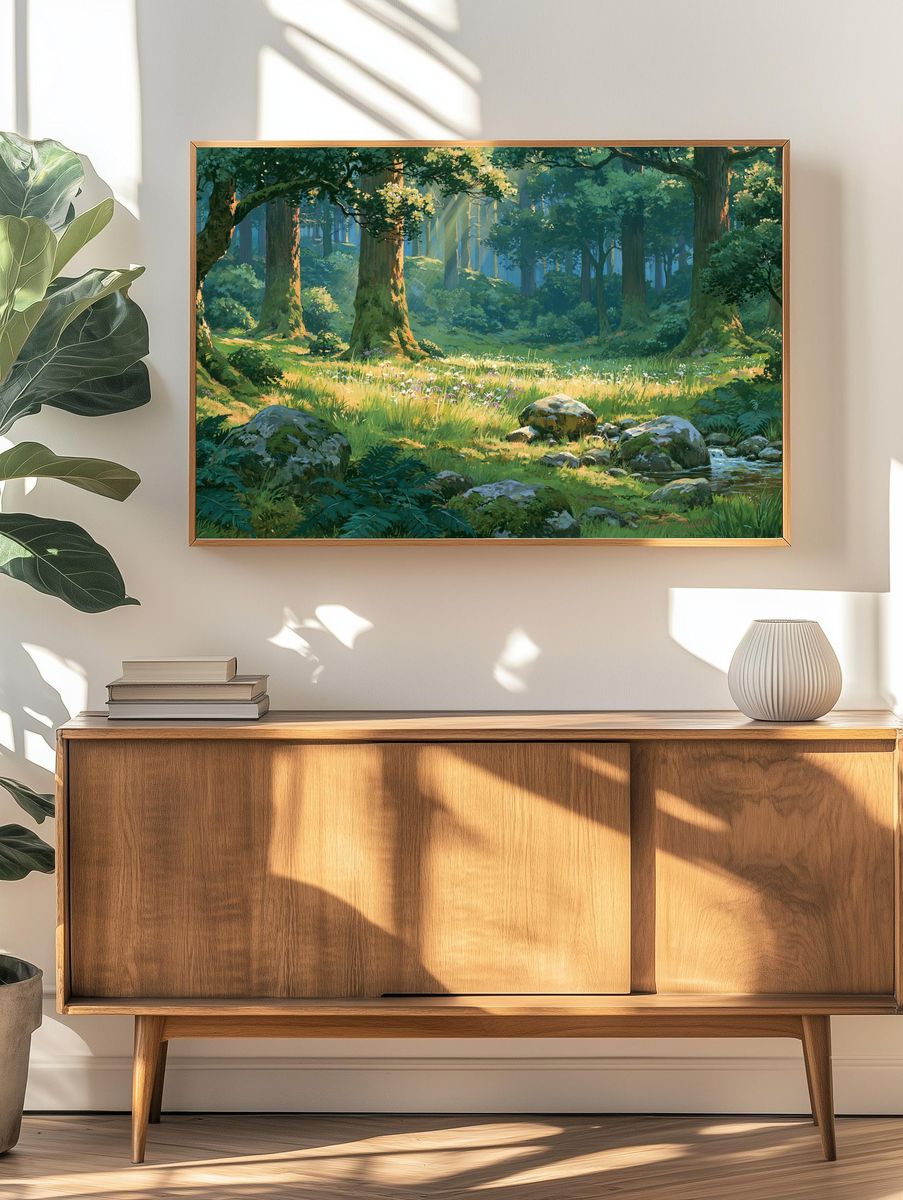 Sunlit Forest Glade Illustration Poster. — room view 3