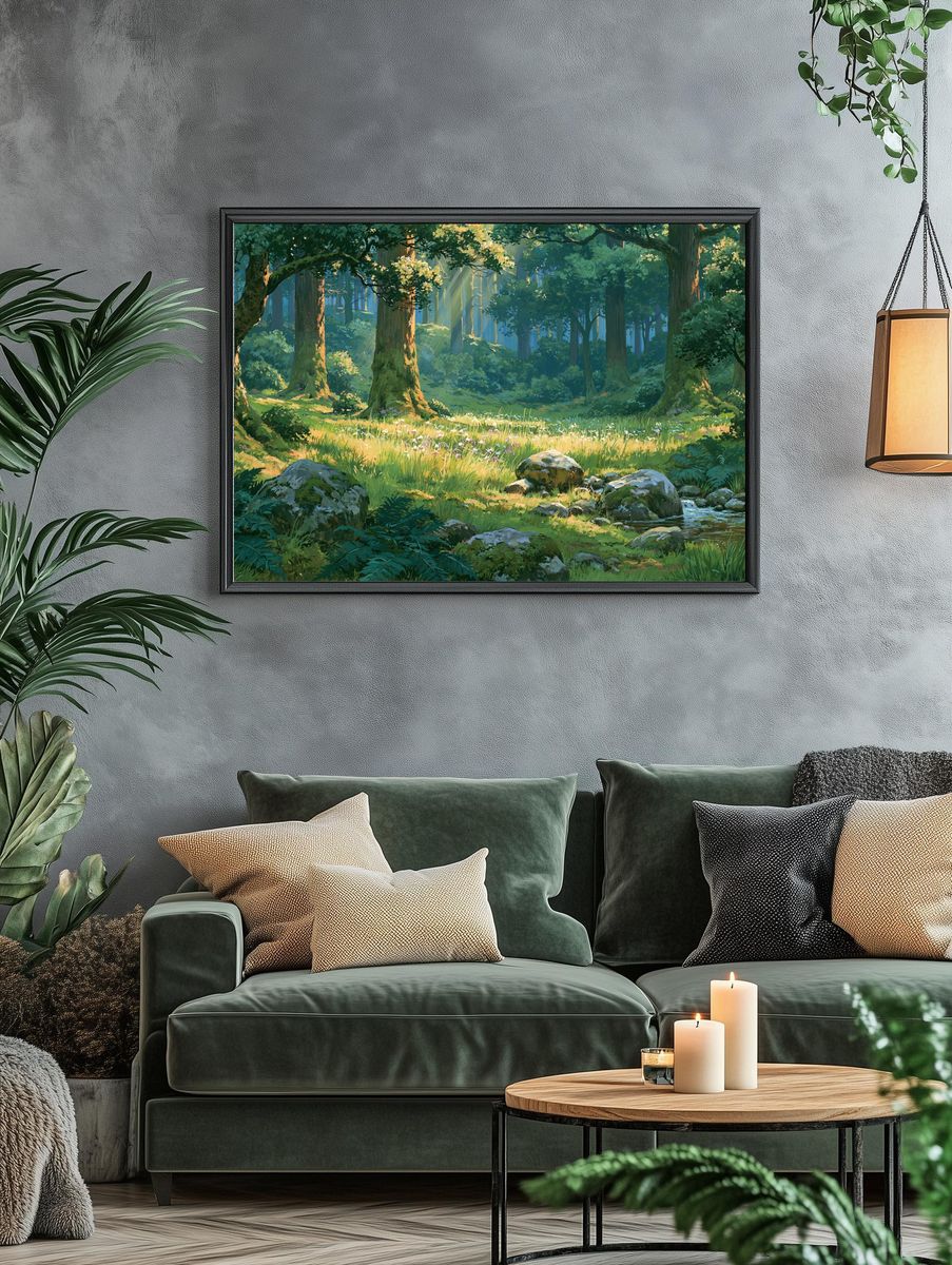 Sunlit Forest Glade Illustration Poster. — room view 4