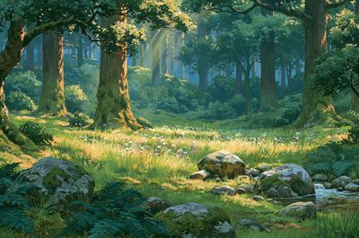 Sunlit Forest Glade Illustration Poster. poster