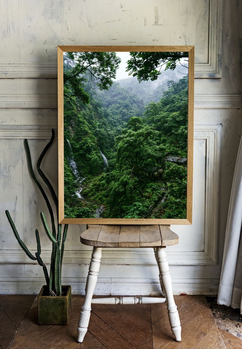 Misty Jungle Waterfall Poster. room preview