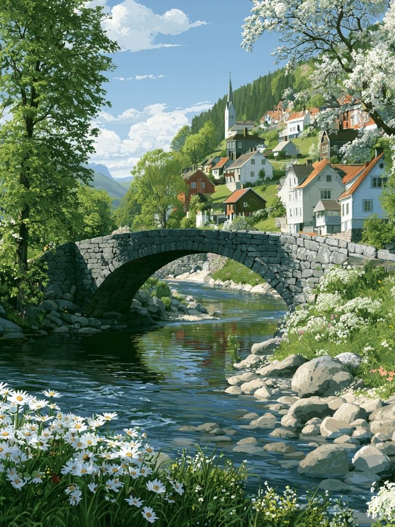 Riverside Village Landscape Print. poster — nature art