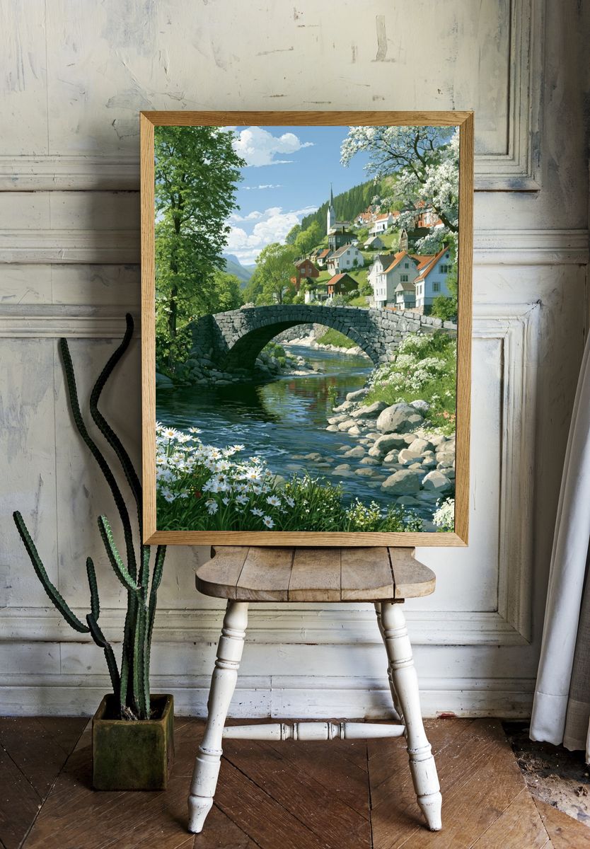 Riverside Village Landscape Print. — room view 1