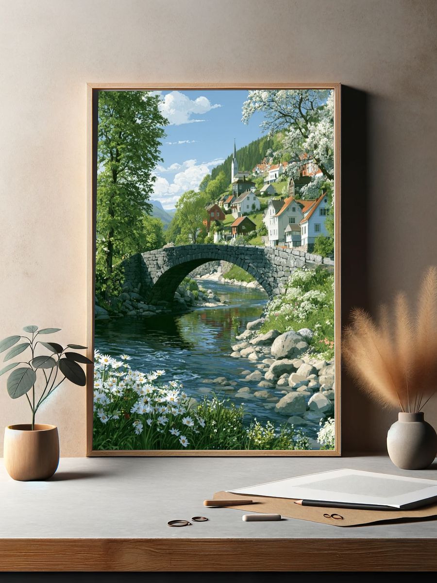 Riverside Village Landscape Print. — room view 2