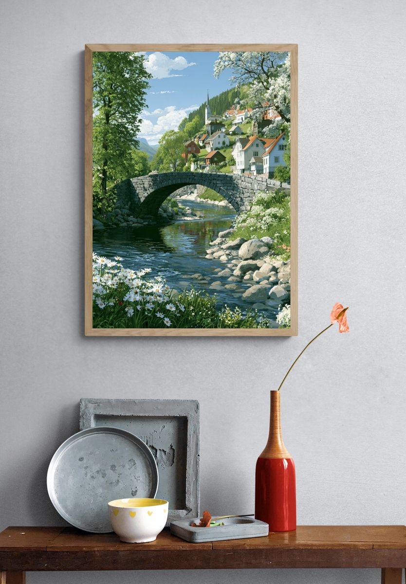 Riverside Village Landscape Print. — room view 3