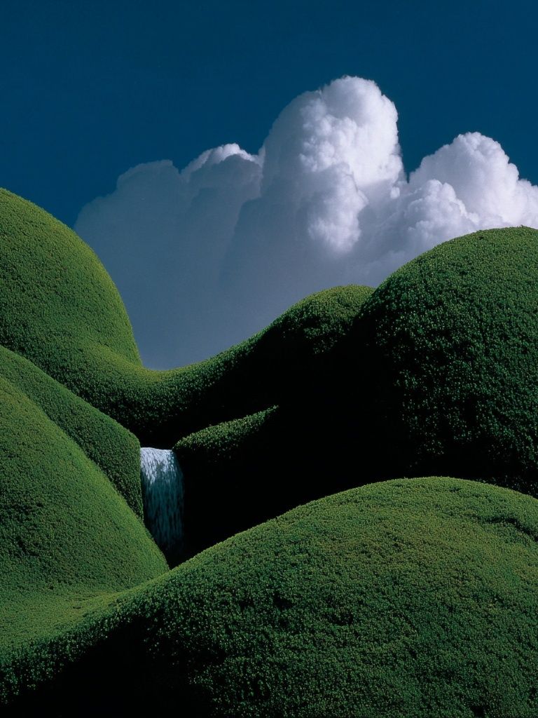 Lush Green Hills with Waterfall — Nature Print. poster detail