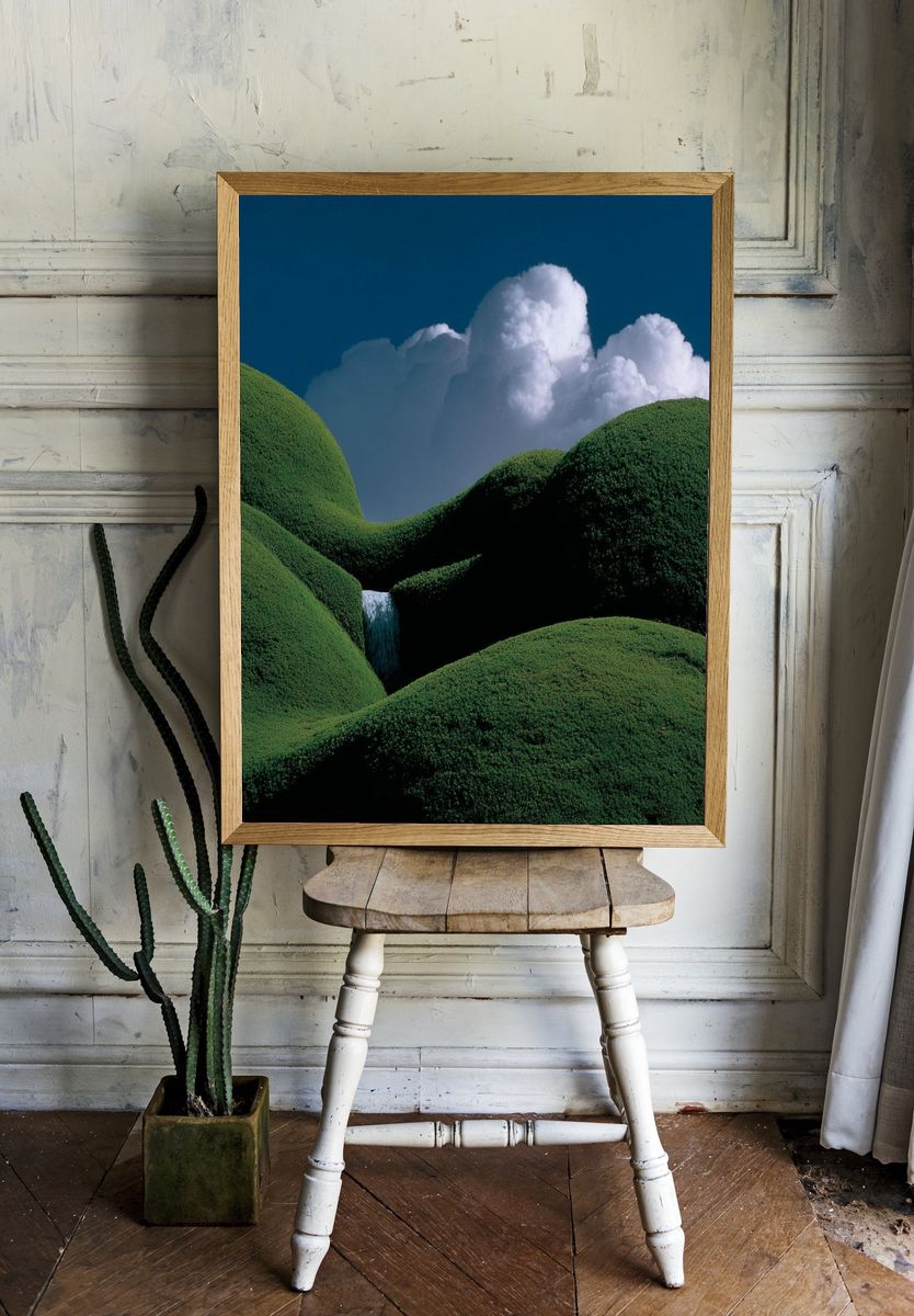 Lush Green Hills with Waterfall — Nature Print room preview