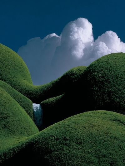 Lush Green Hills with Waterfall — Nature Print