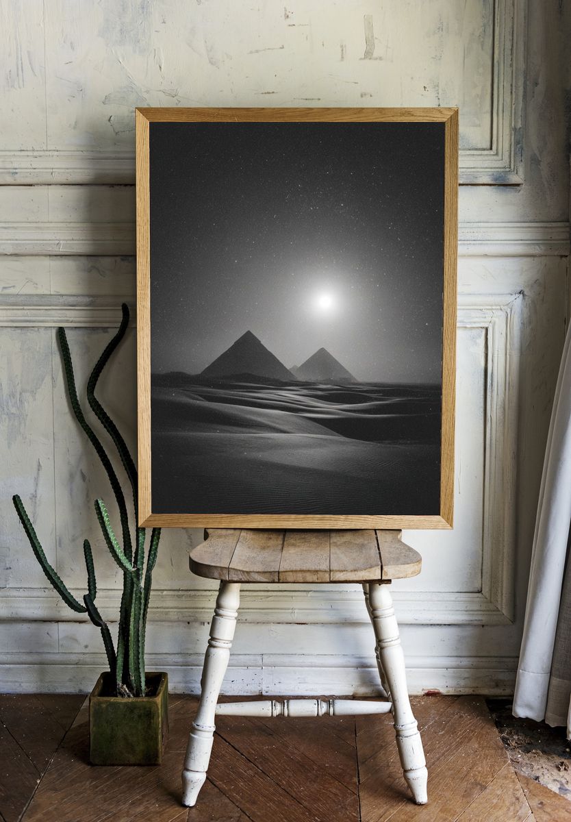 Moonlit Desert Pyramids Print. — room view 1