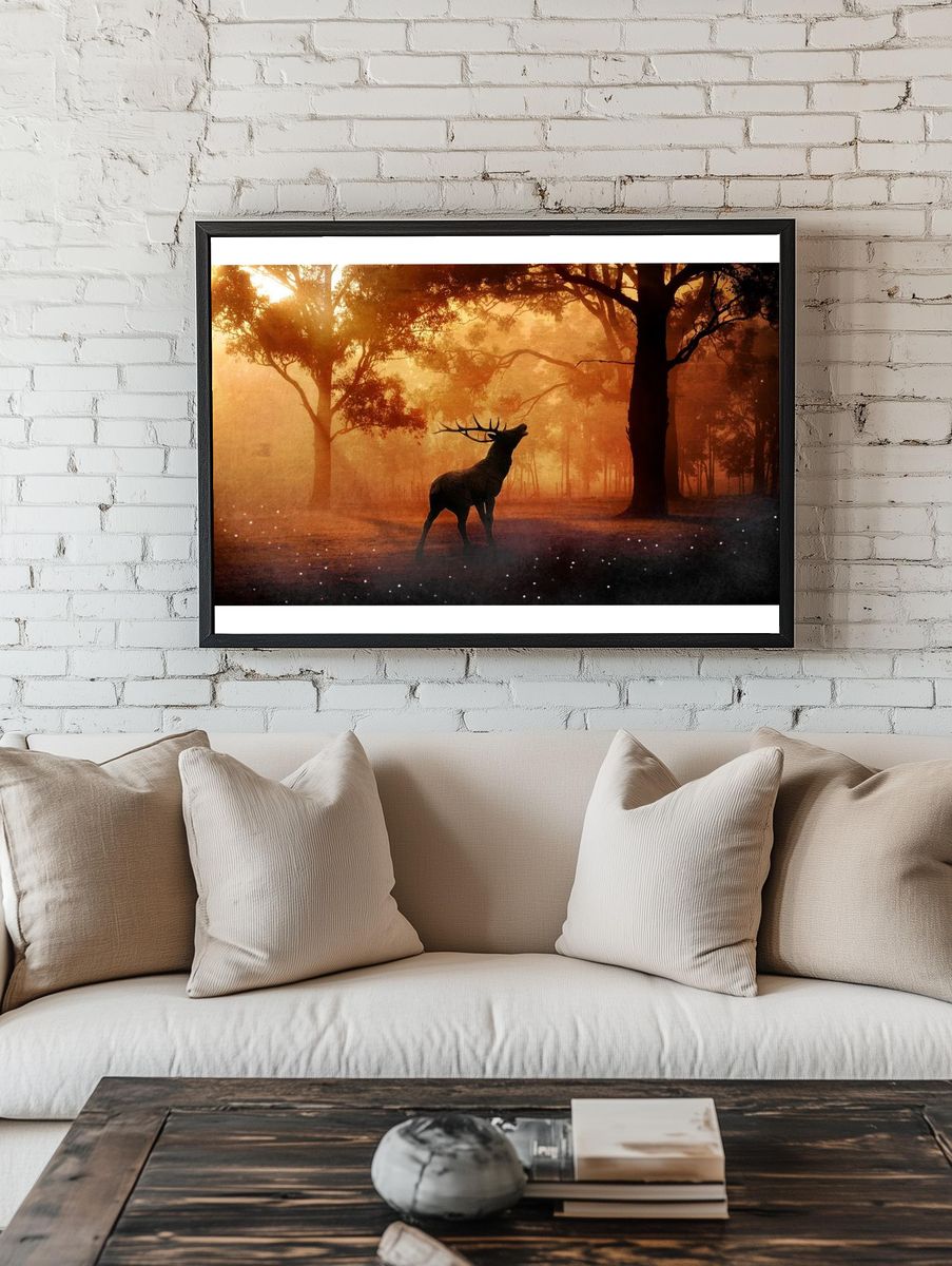Majestic Stag in Misty Forest Poster. — room view 1
