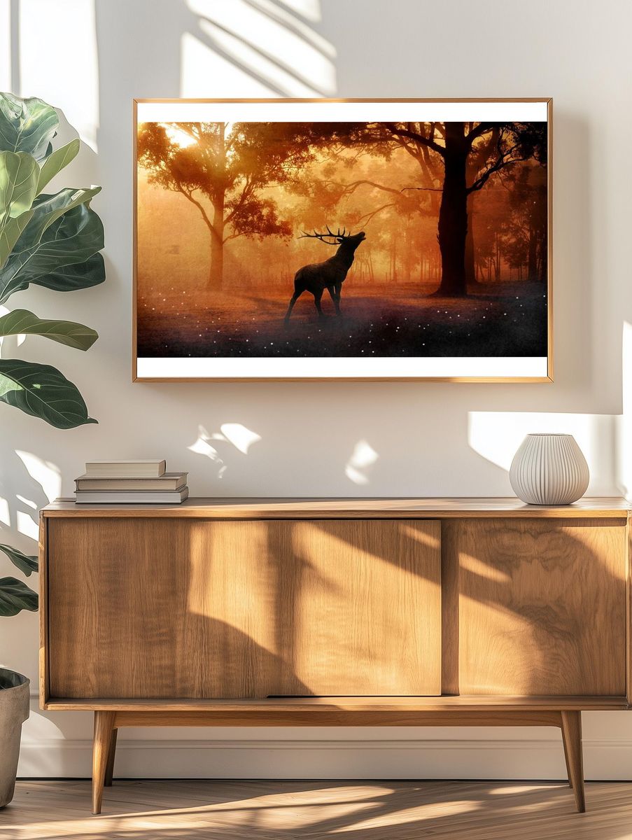 Majestic Stag in Misty Forest Poster. — room view 3