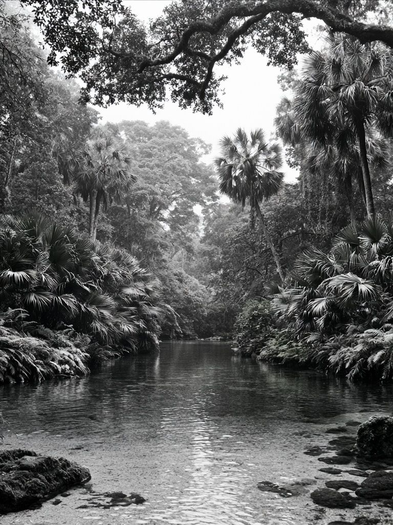 Tropical River Canopy Black-White Poster. poster detail