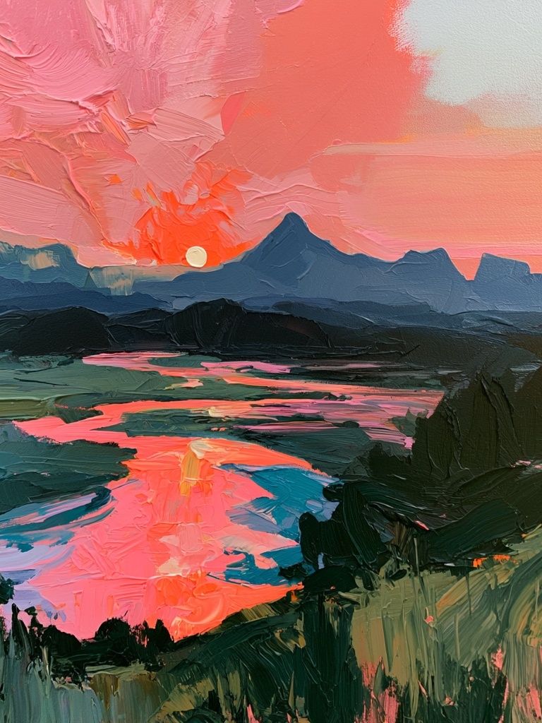Pink Sunset Mountain Landscape Print. poster detail