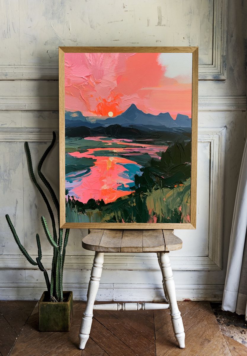 Pink Sunset Mountain Landscape Print. room preview