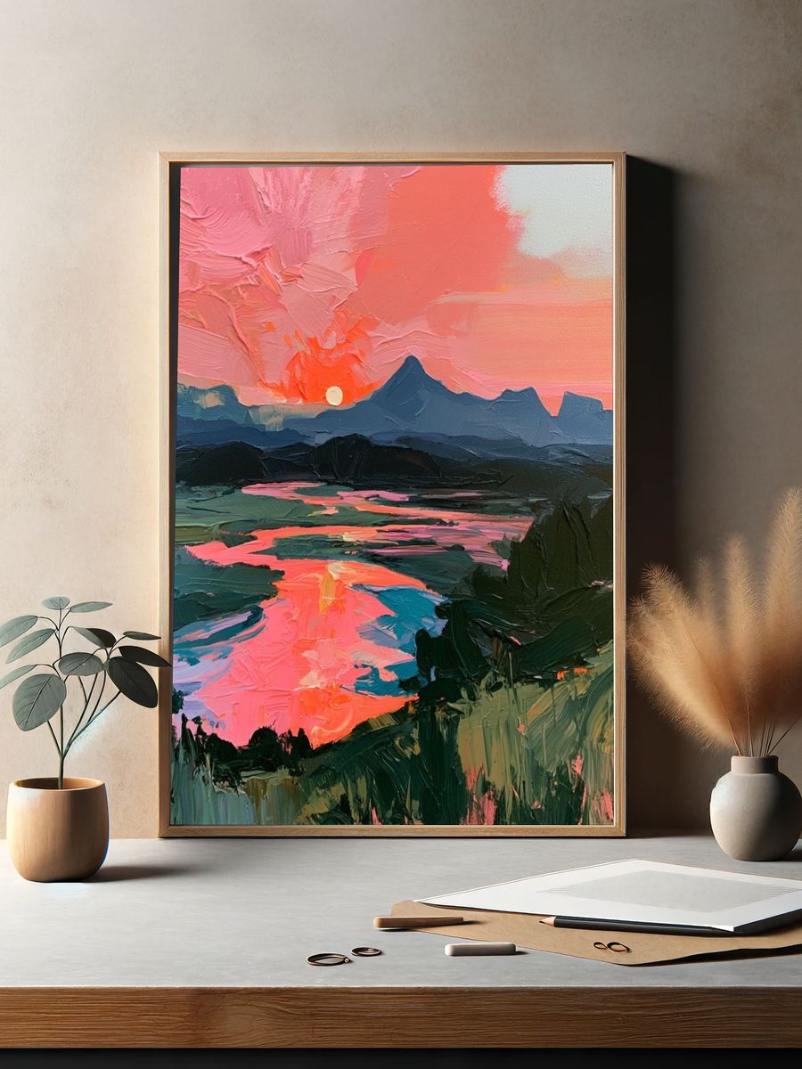 Pink Sunset Mountain Landscape Print. — room view 2