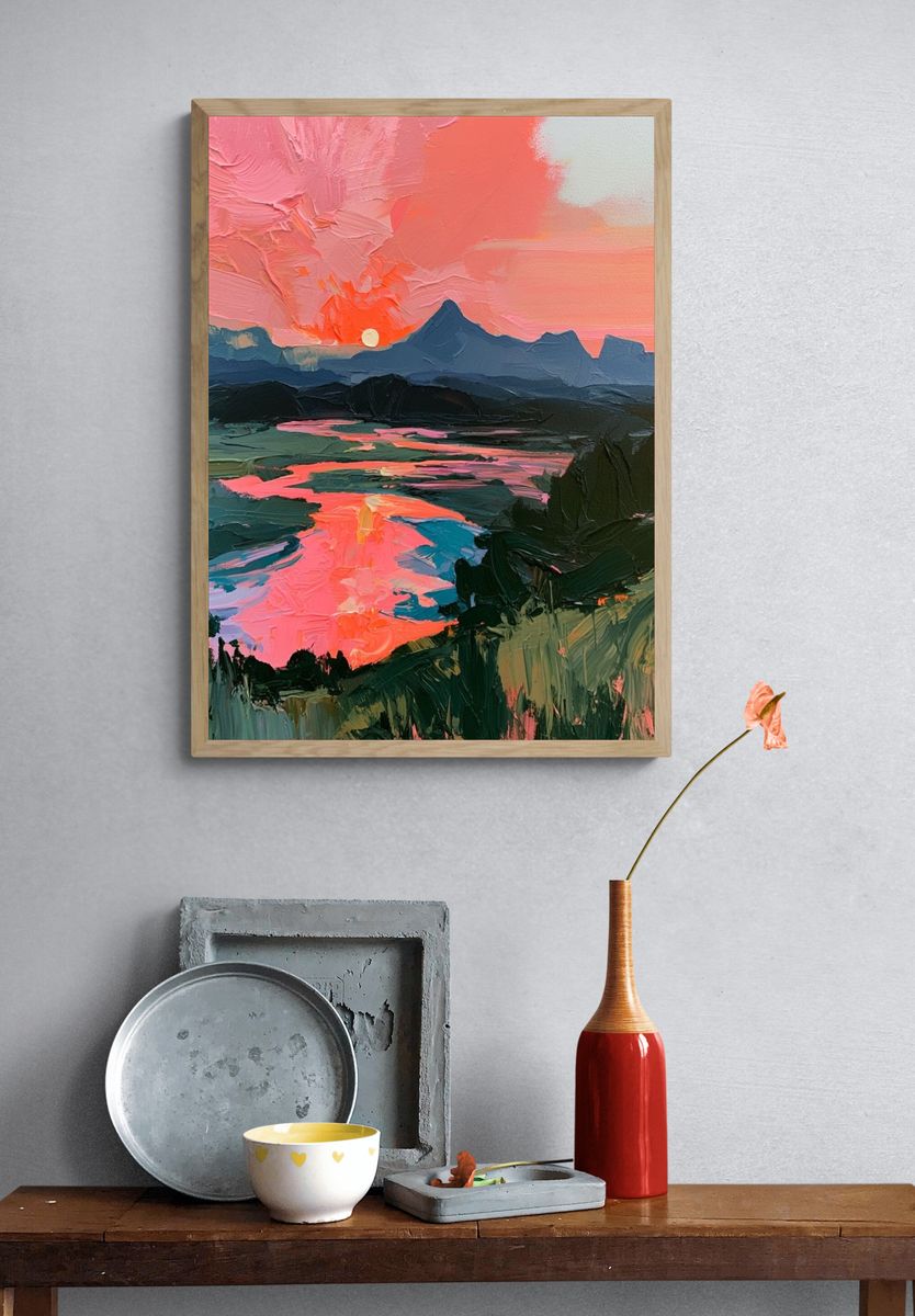 Pink Sunset Mountain Landscape Print. — room view 3