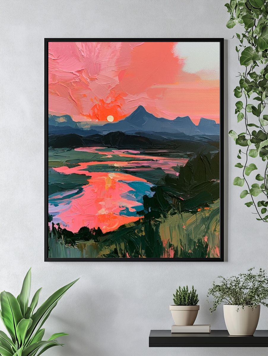 Pink Sunset Mountain Landscape Print. — room view 4