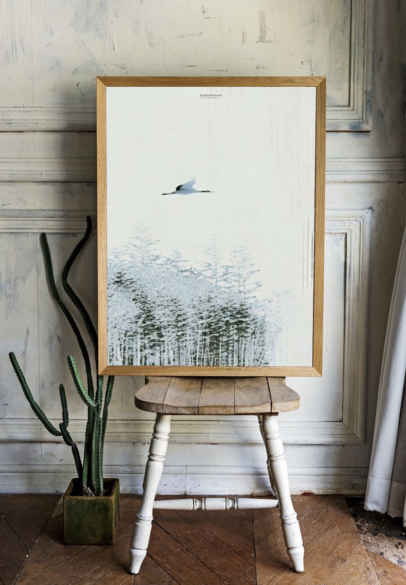 Crane Over Winter Forest Print. — room view 1