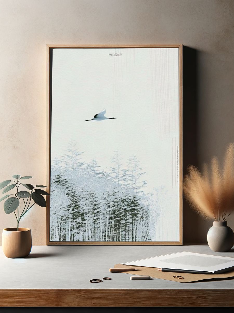 Crane Over Winter Forest Print. — room view 2