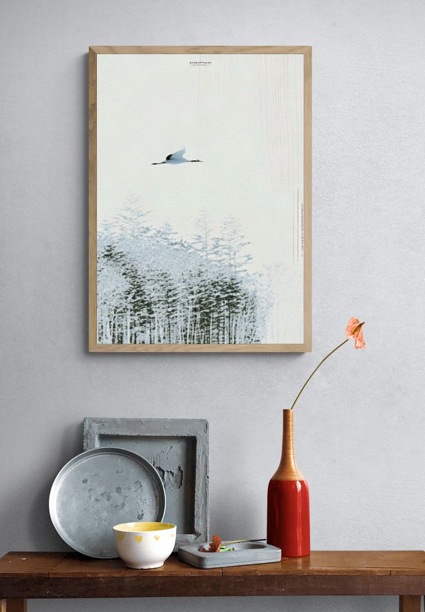 Crane Over Winter Forest Print. — room view 3