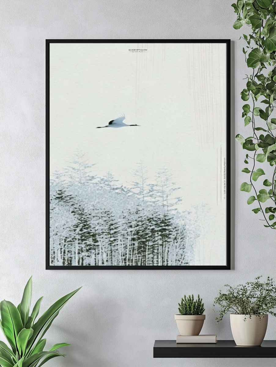 Crane Over Winter Forest Print. — room view 4