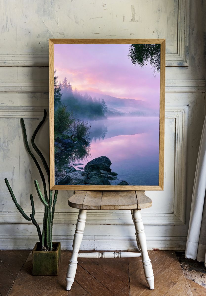 Misty Lake Sunrise Photography Poster. — room view 1