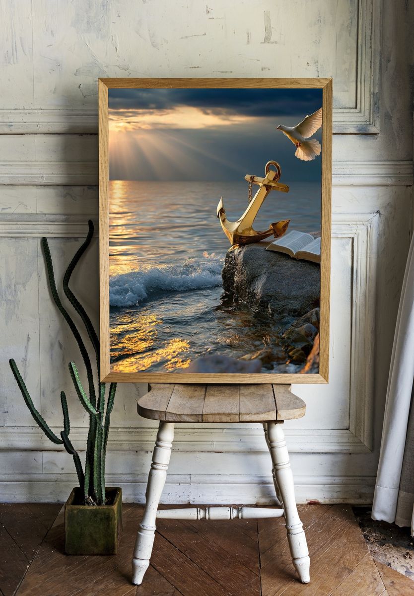 Anchor and Dove Seascape Print. room preview