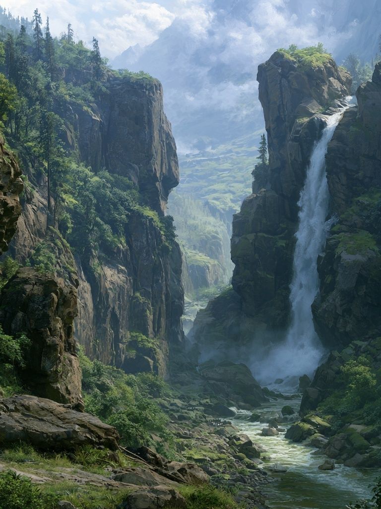 Misty Canyon Waterfall Landscape Print. poster — nature art