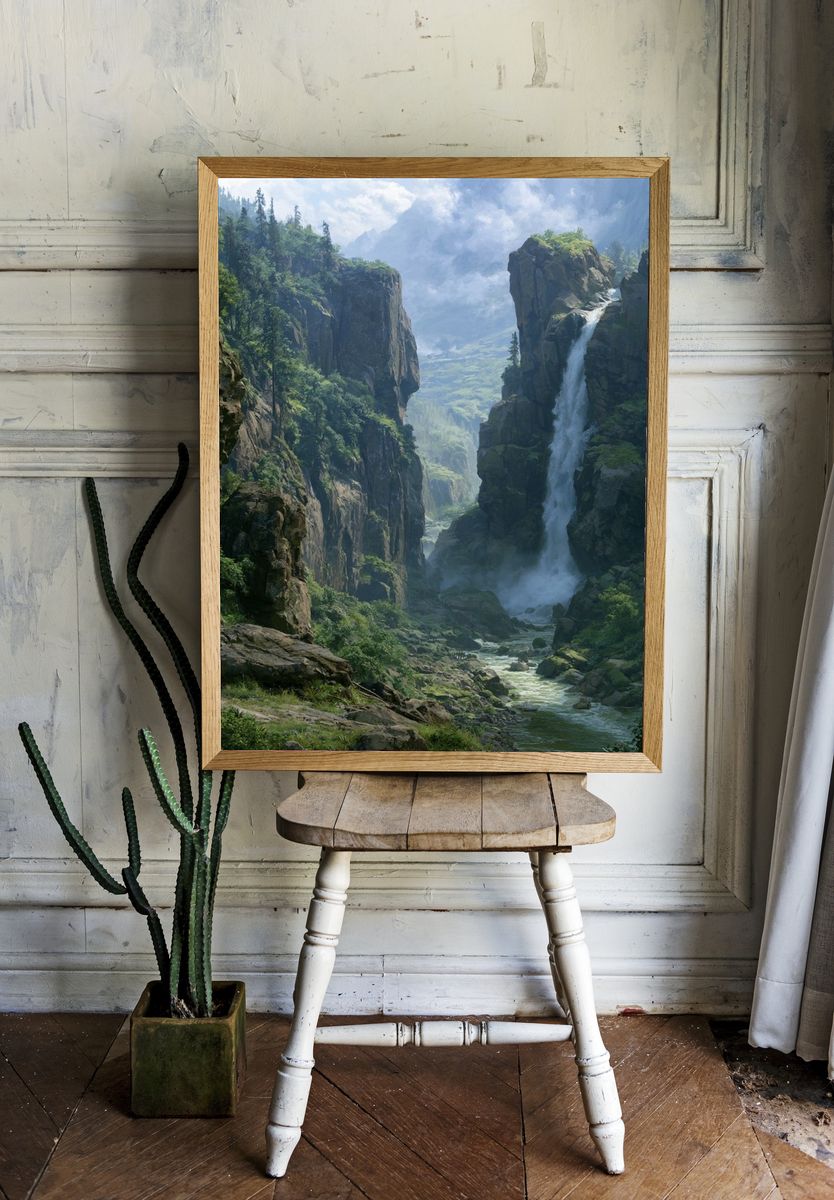 Misty Canyon Waterfall Landscape Print. — room view 1