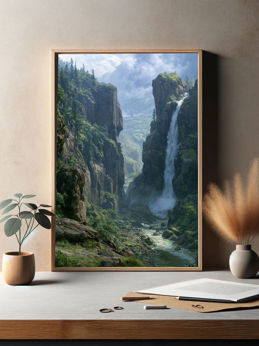 Misty Canyon Waterfall Landscape Print. — room view 2