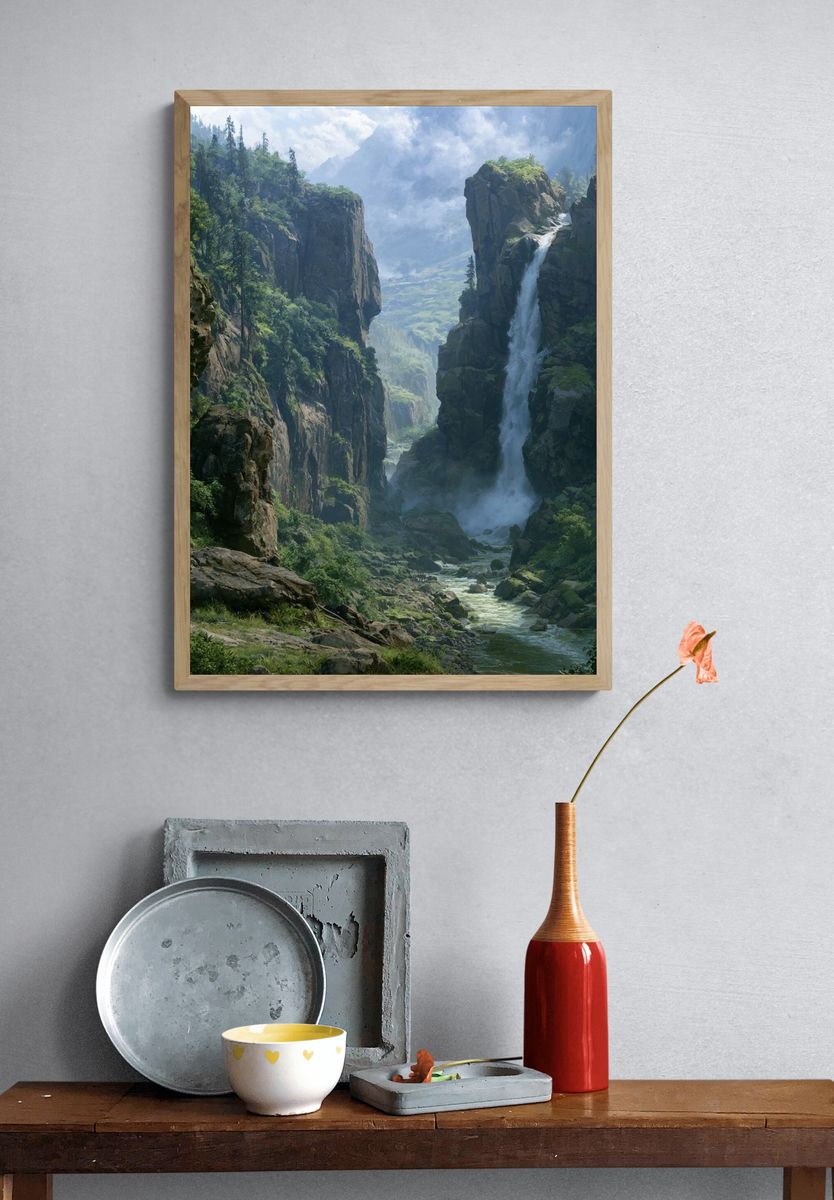 Misty Canyon Waterfall Landscape Print. — room view 3
