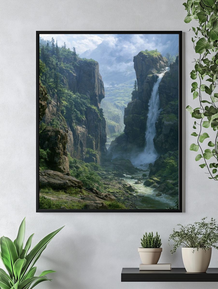 Misty Canyon Waterfall Landscape Print. — room view 4