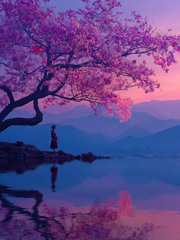 Cherry Blossom Lake Sunset Print. poster detail