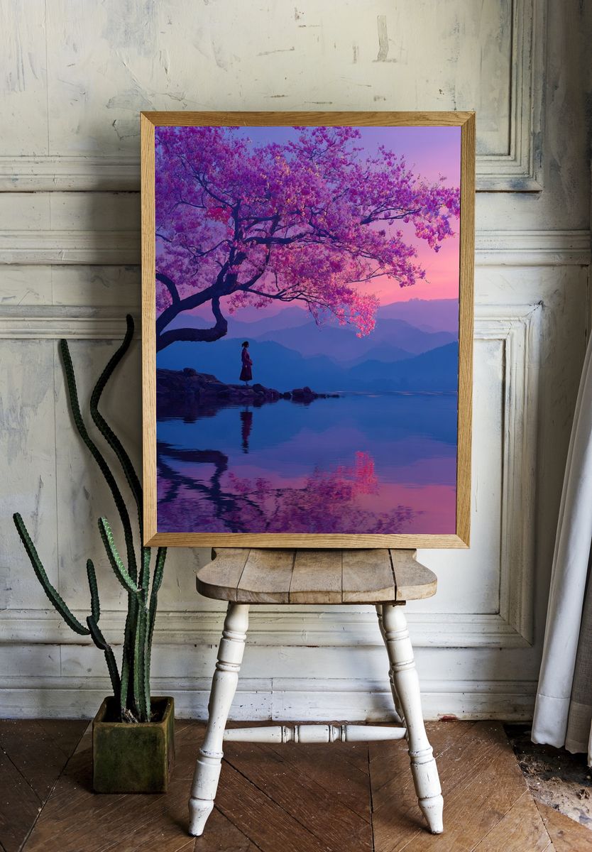 Cherry Blossom Lake Sunset Print. — room view 1