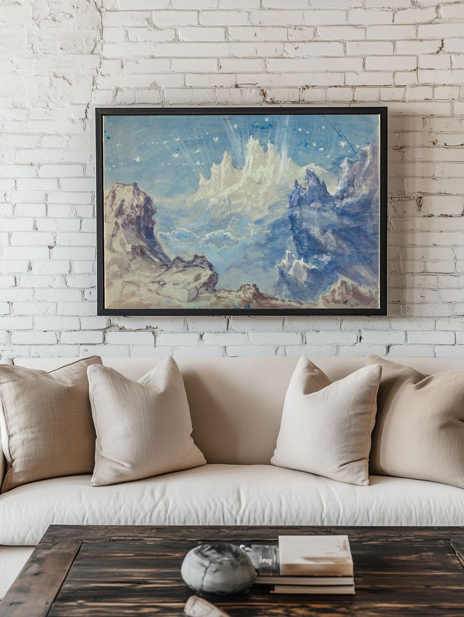 Dreamy Mountain Landscape Watercolor Print. room preview