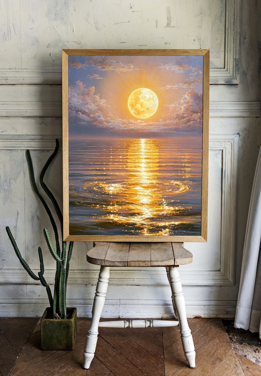 Golden Moon Over Sea Poster. — room view 1