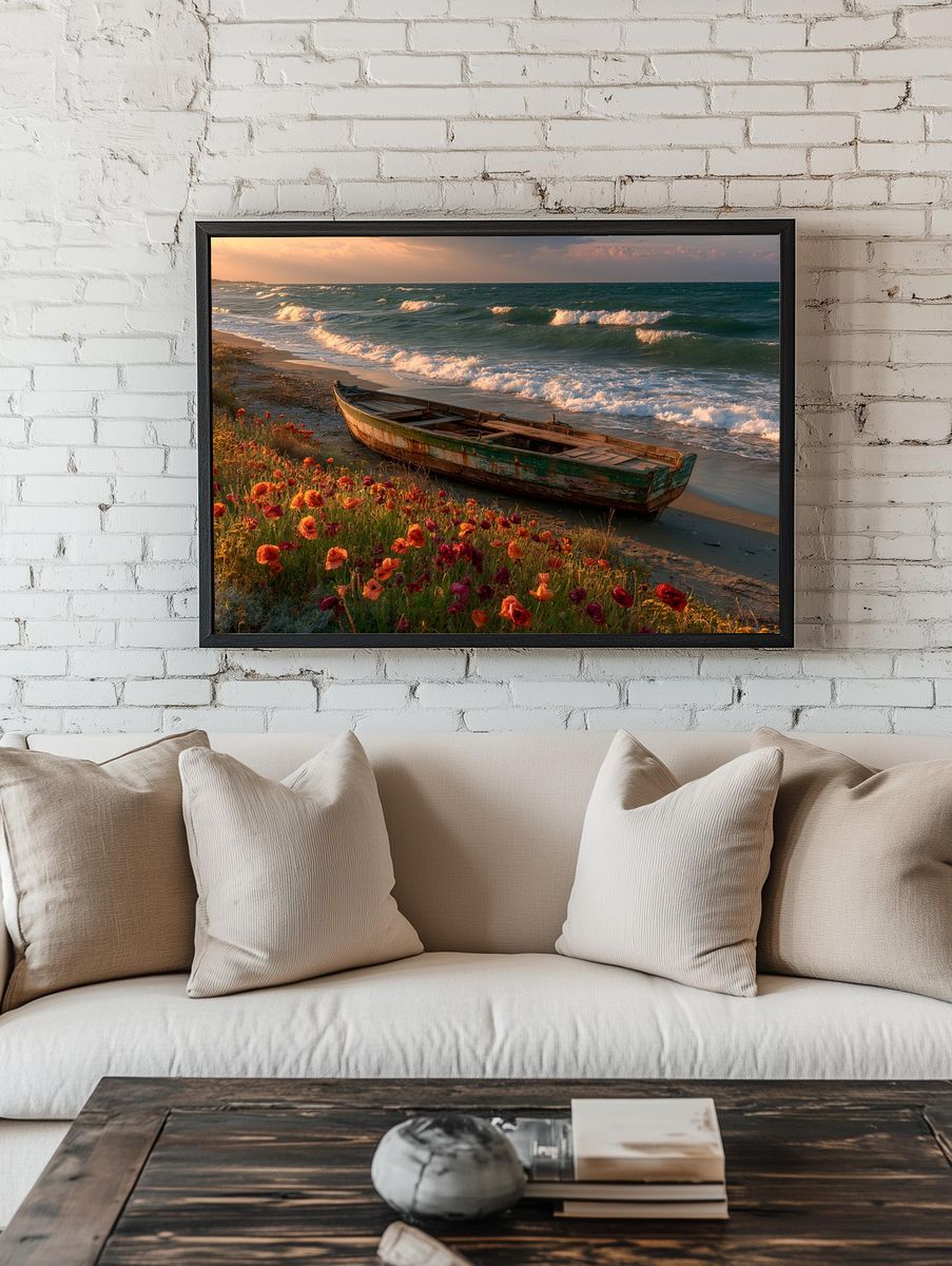 Sunset Shoreline Boat Print. — room view 1
