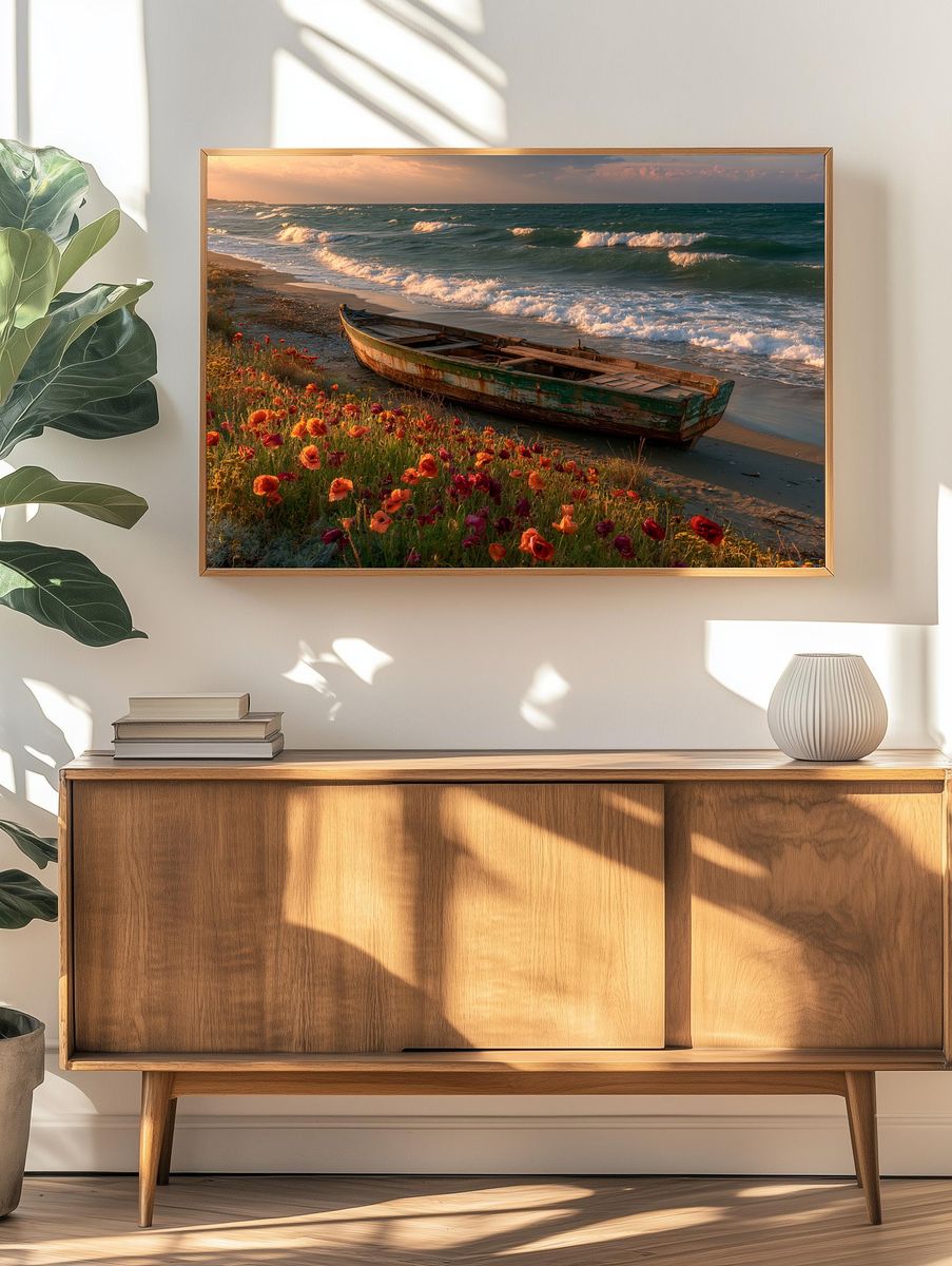 Sunset Shoreline Boat Print. — room view 3