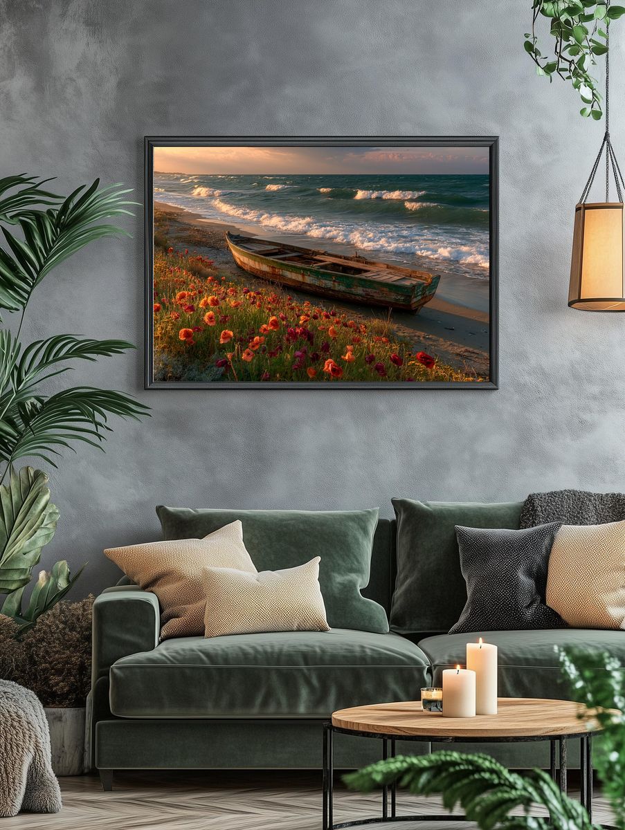 Sunset Shoreline Boat Print. — room view 4