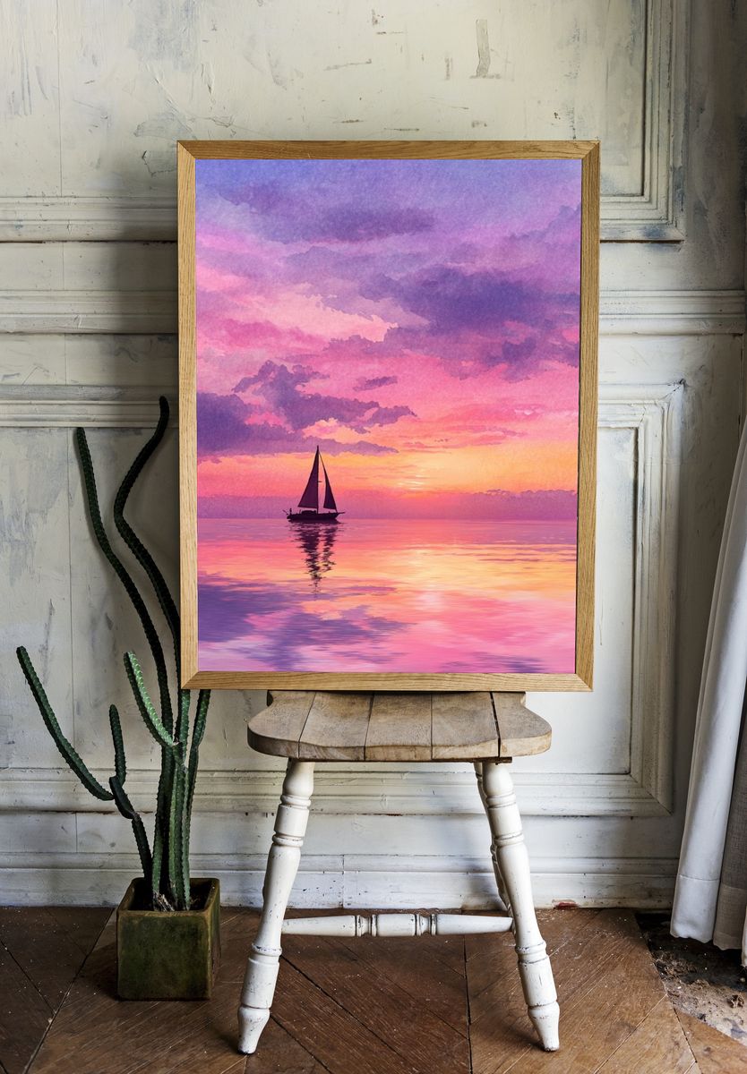 Pastel Sailboat Sunset Print. — room view 1