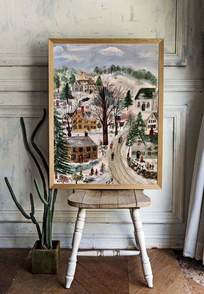 Winter Village Watercolor Poster. room preview