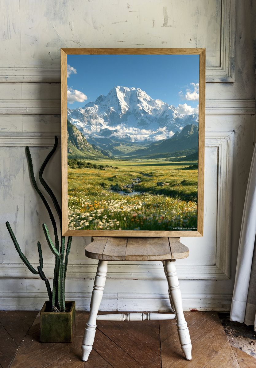 Snowy Mountain Valley Landscape Print. room preview