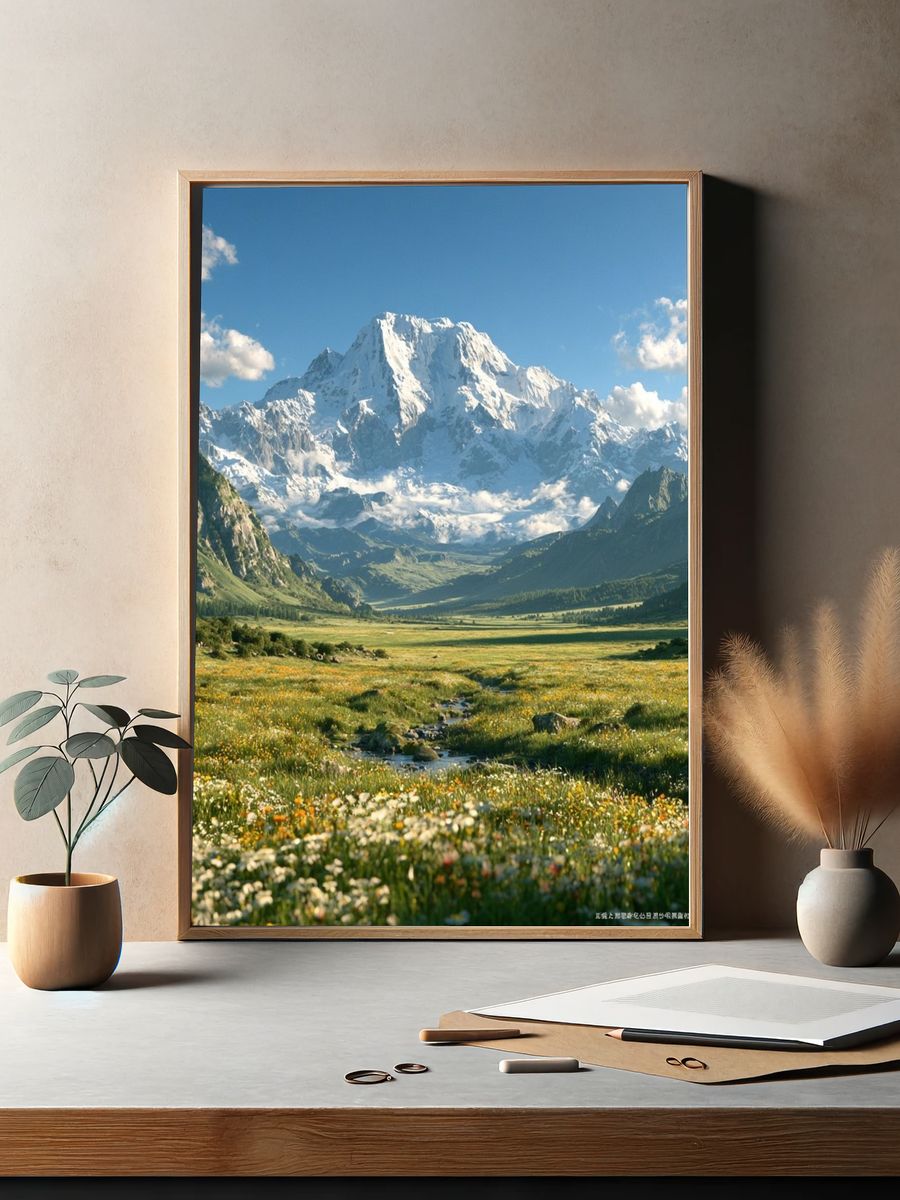 Snowy Mountain Valley Landscape Print. — room view 2