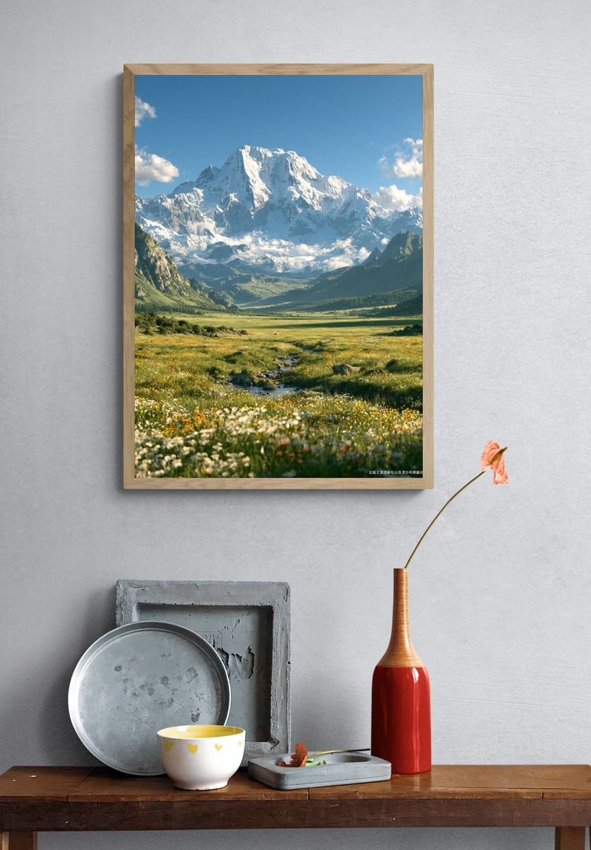 Snowy Mountain Valley Landscape Print. — room view 3