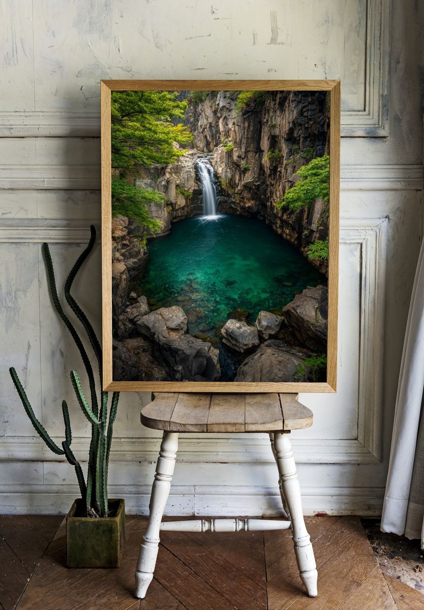 Tropical Waterfall Gorge Print. — room view 1