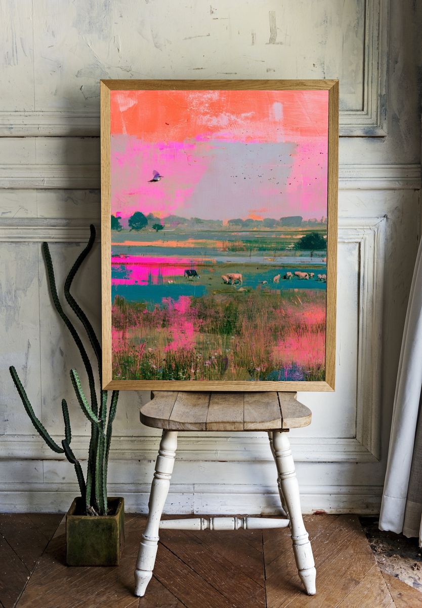 Pastel Meadow Landscape Print. — room view 1