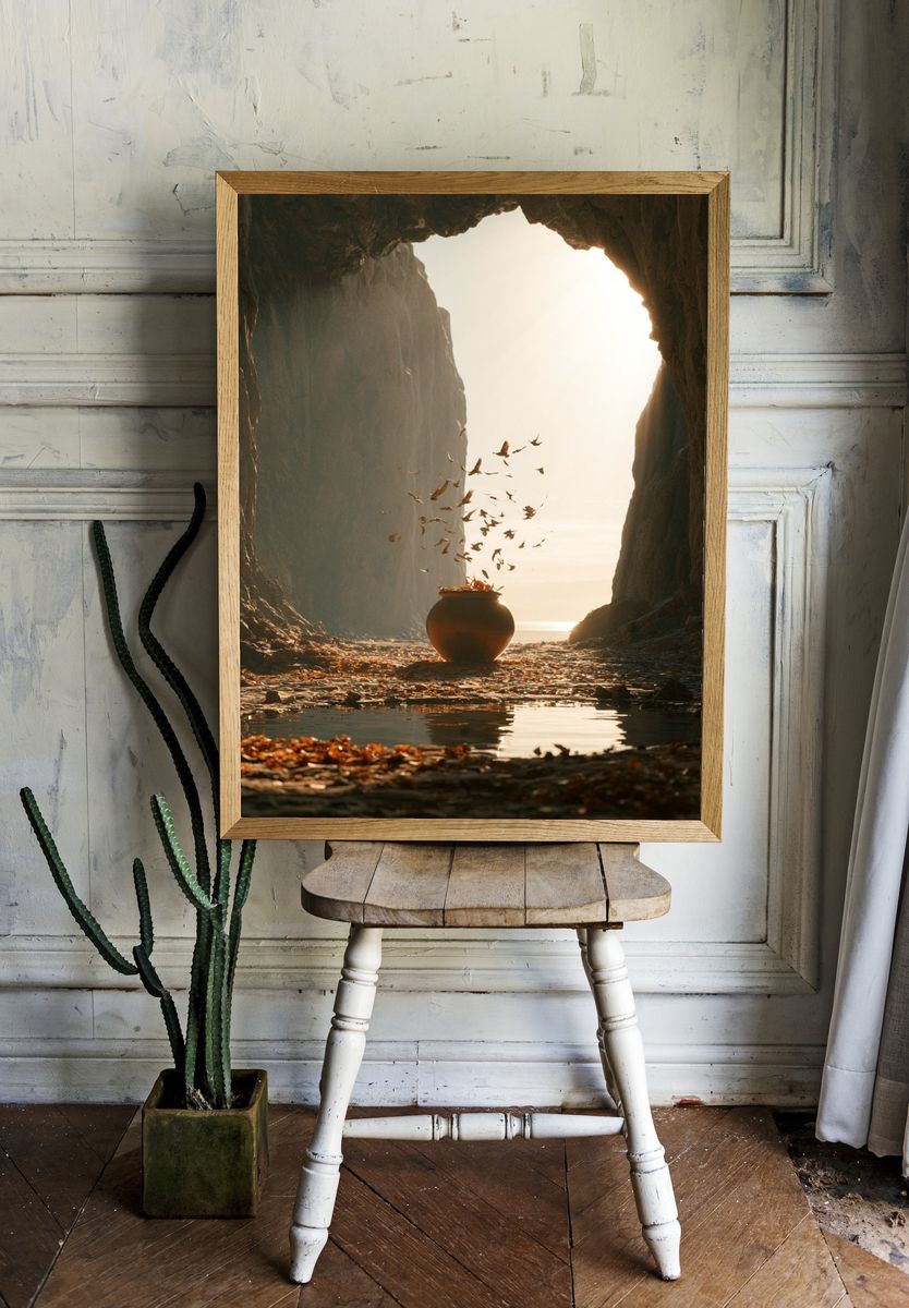 Cave Light and Falling Leaves Print. room preview